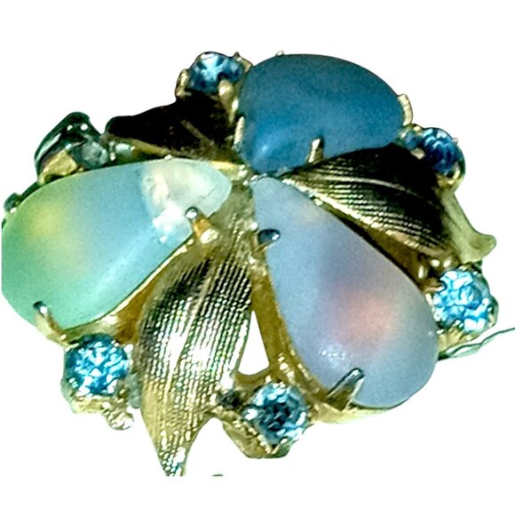 VINTAGE Opalescent Frosted Glass Flower Clip On Earrings Gold Tone Rhinestones - Picture 9 of 11